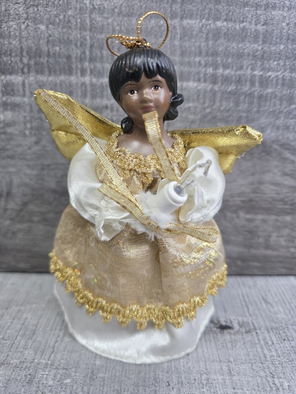 Vintage 5.5" Black Angel Light Tree Topper Gold Metallic Ornament Ceramic 127d1